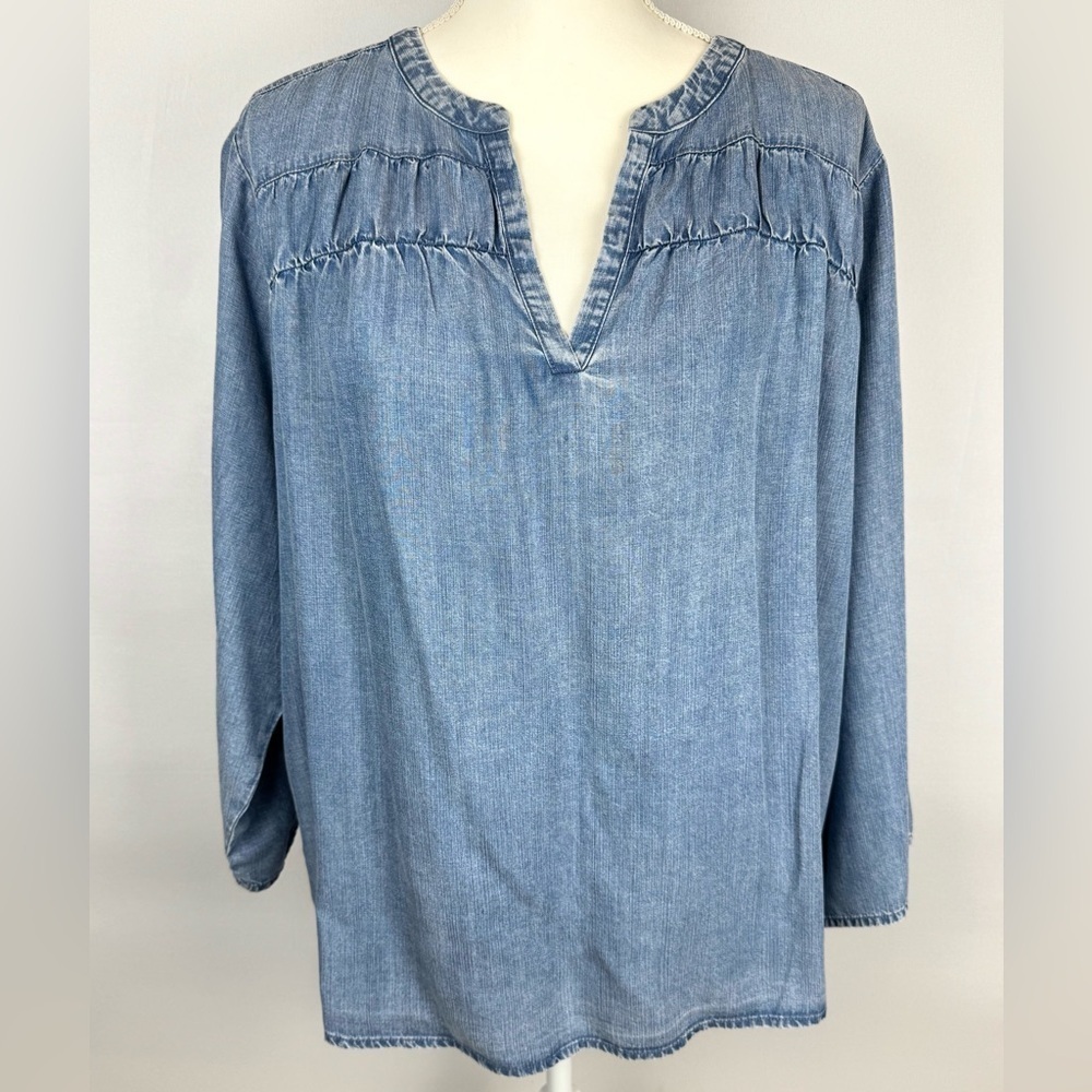 Splendid Chambray Peasant Blouse Light Blue Lyocell Lightweight 3/4 Sleeves XXL - Picture 3 of 11